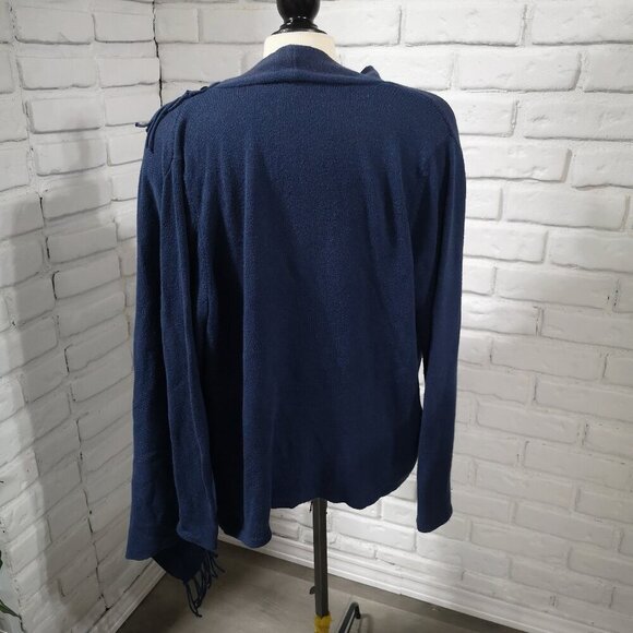Chico's Ladies Size 1 = (Small) Navy Wrap Sweater with Fringe - Picture 2 of 10